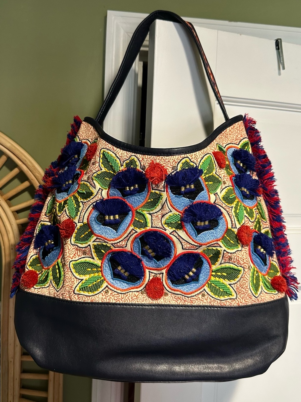 Navy Floral Embroidered Tory Burch Purse, Tote, Shoulder Bag, Johnny Was
